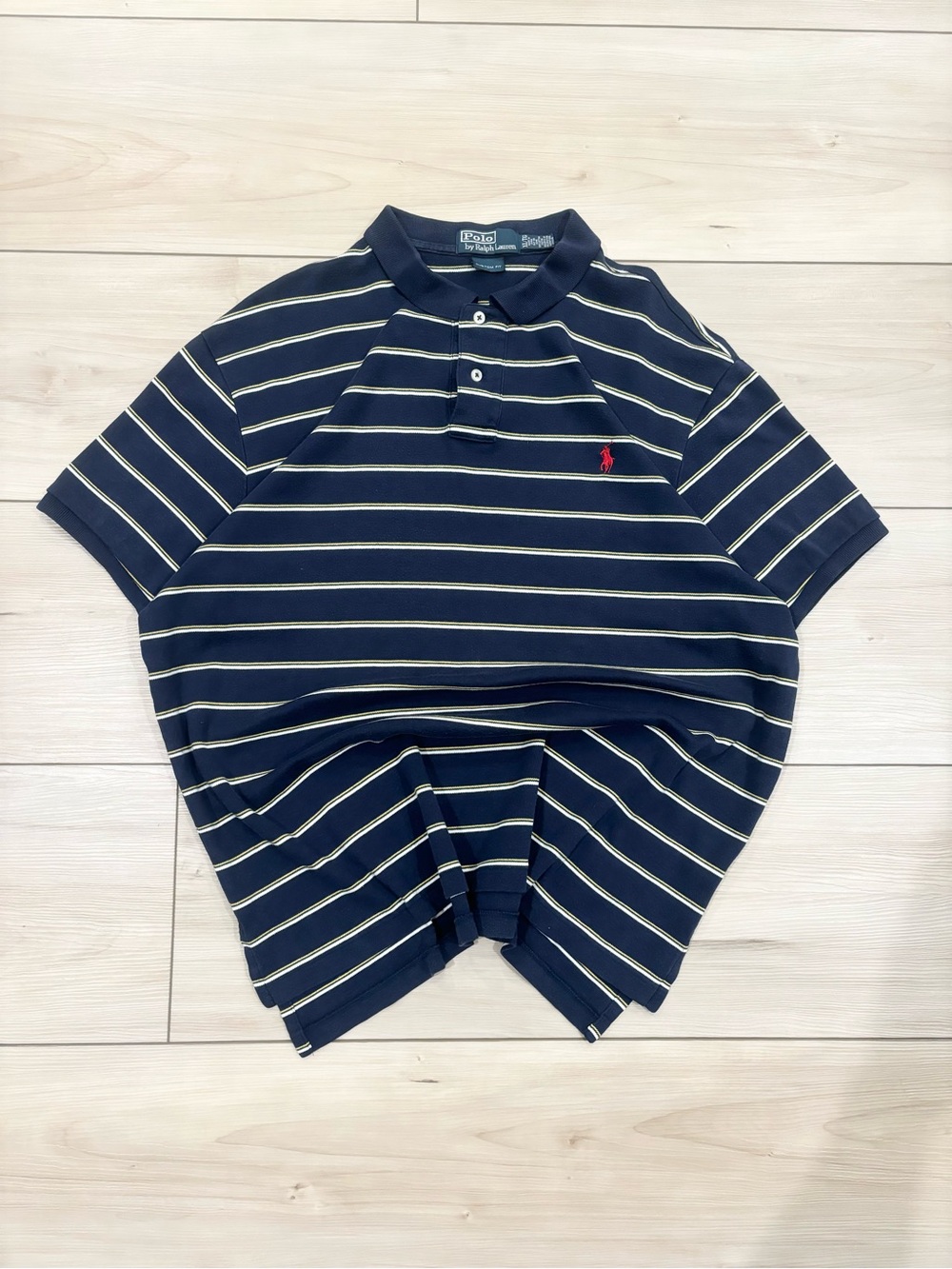 Polo by Ralph Lauren Vintage 90s Men’s Navy and White Striped Polo with Red Pony